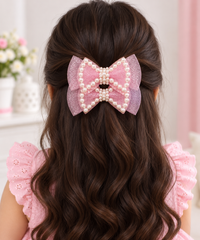 White Dahlia pearl outline bow hair clips Pink