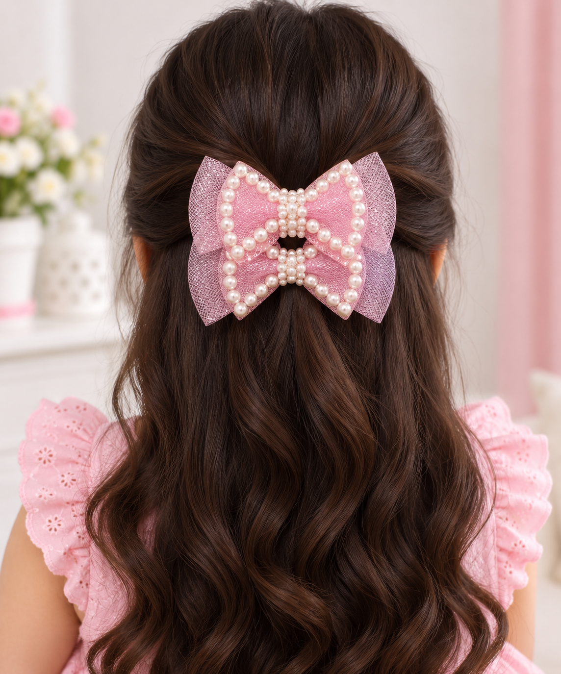 White Dahlia pearl outline bow hair clips Pink