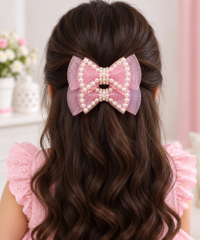 White Dahlia pearl outline bow hair clips Pink