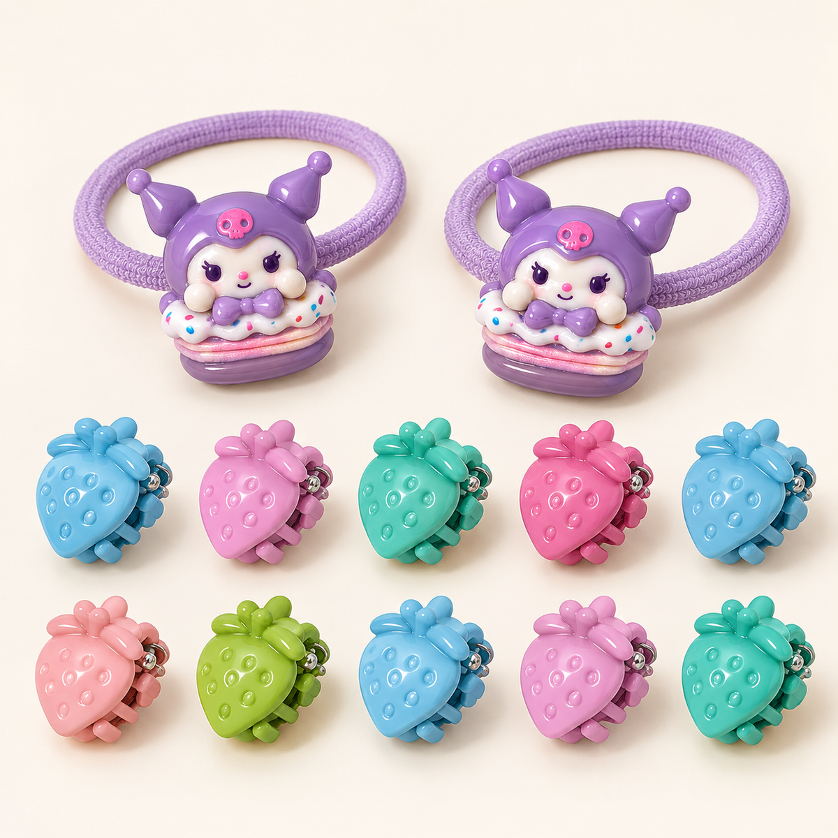 Colour Pop Mini Claw and Hair Tie Set Purple Kuromi Strawberries