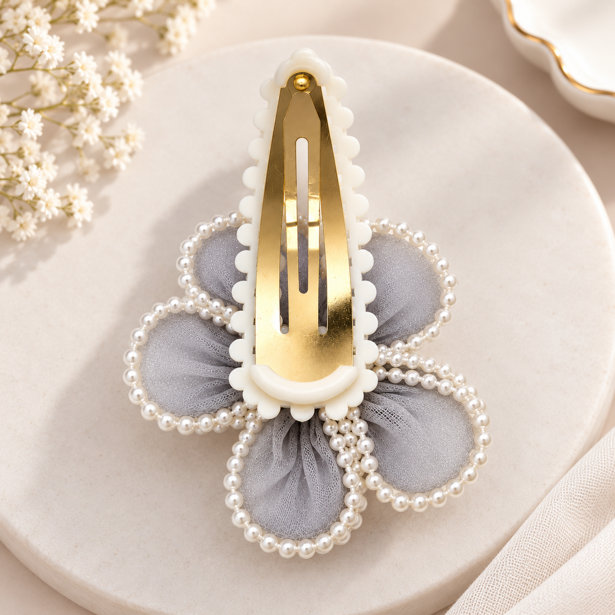 White Dahlia Grey pearl petal flower snap clip