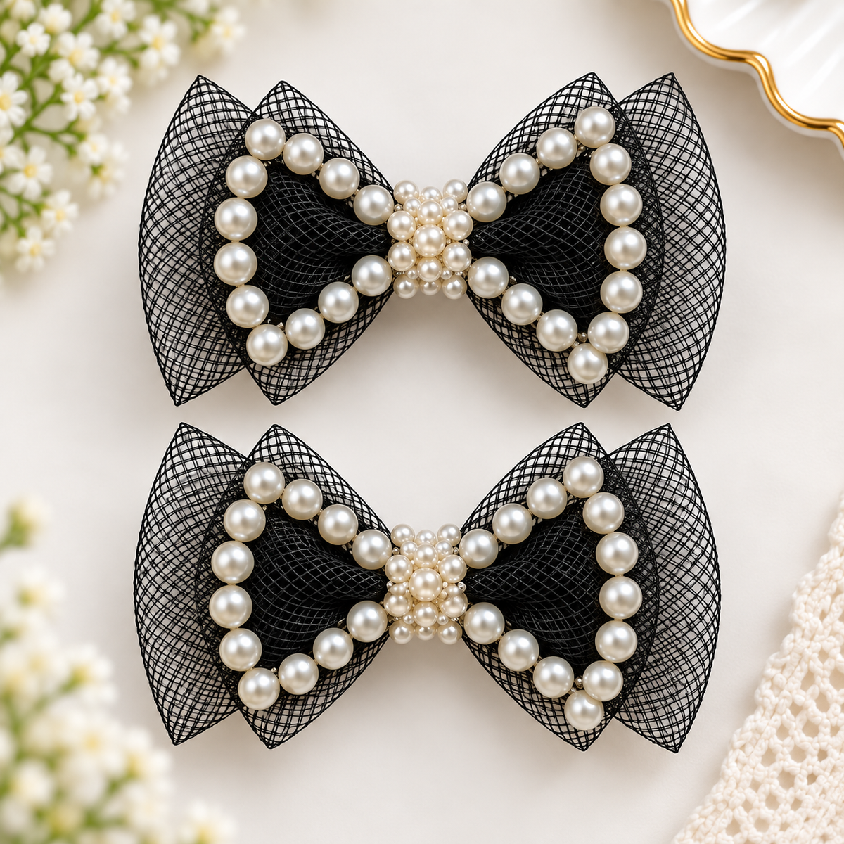 White Dahlia pearl outline bow hair clips Black
