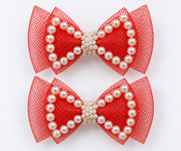 White Dahlia pearl outline bow hair clips Red
