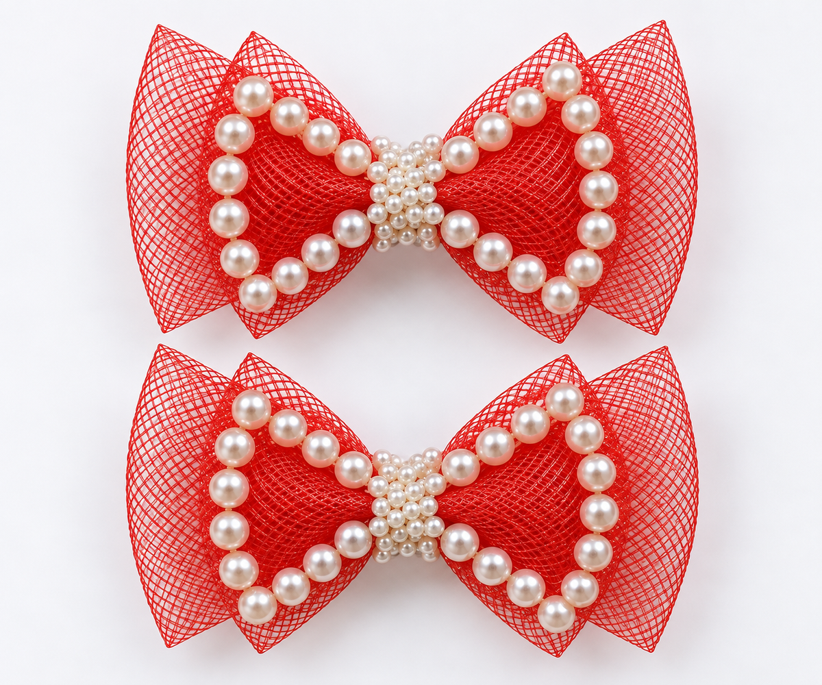 White Dahlia pearl outline bow hair clips Red