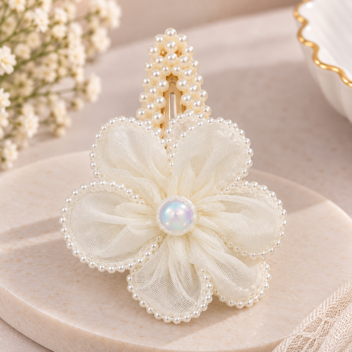 White Dahlia Off White pearl petal flower snap clip