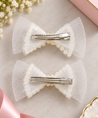 White Dahlia pearl outline bow hair clips White