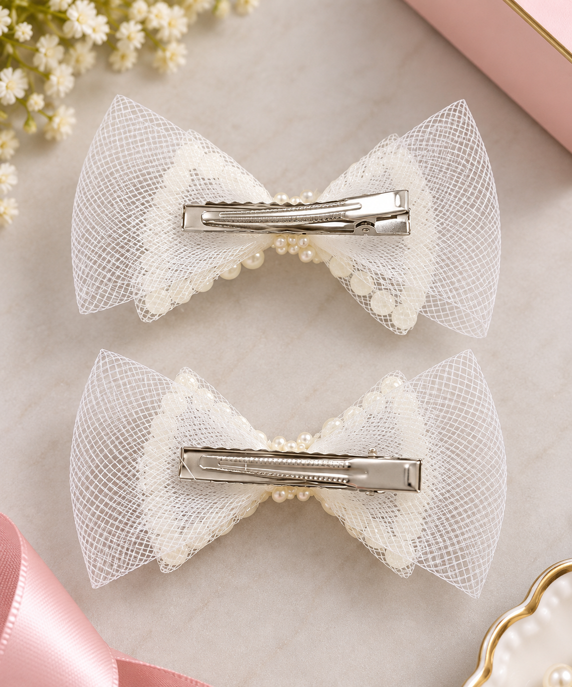 White Dahlia pearl outline bow hair clips White