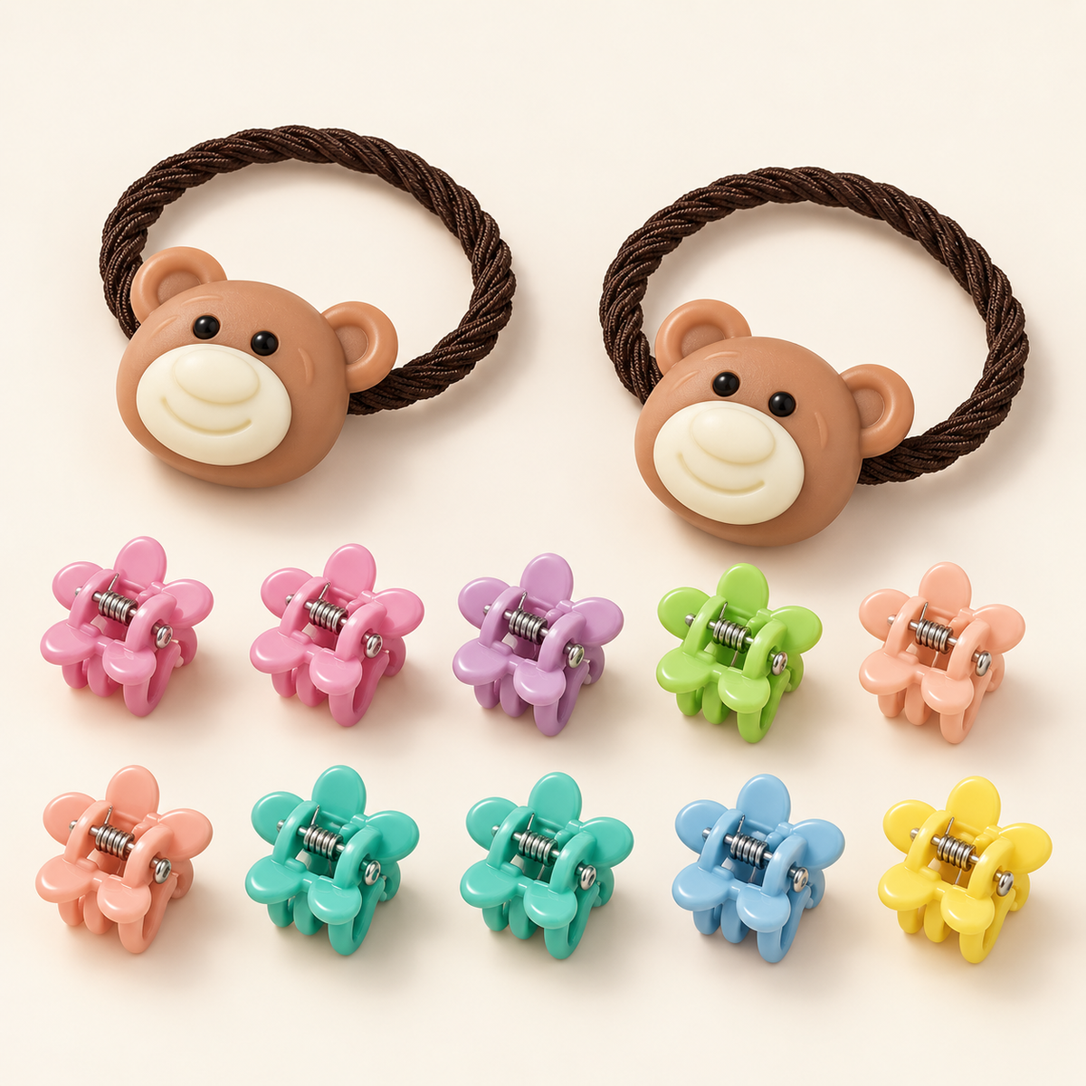 Colour Pop Mini Claw and Hair Tie Set Brown Teddy Flowers