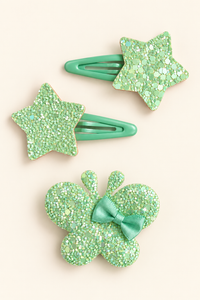 Glitter Stars and Character Hair Clip Set Mint Green
