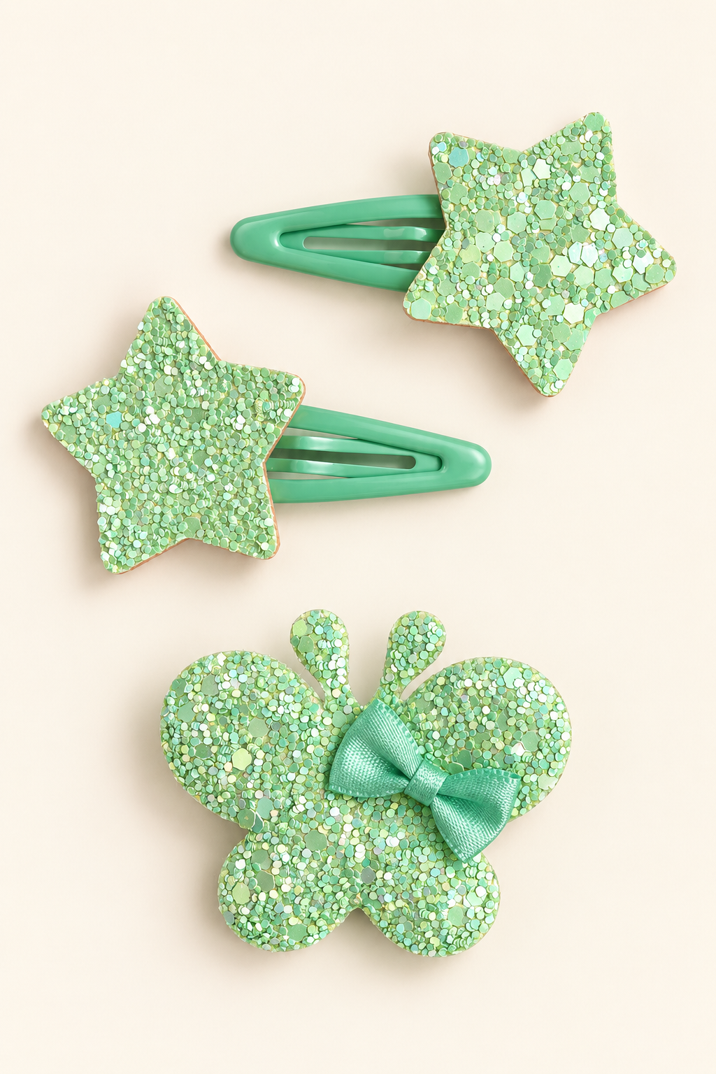 Glitter Stars and Character Hair Clip Set Mint Green