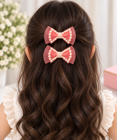 White Dahlia pearl outline bow hair clips Light Red