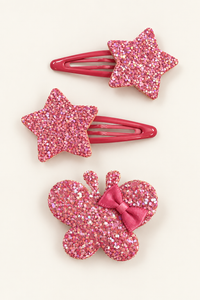 Glitter Stars and Character Hair Clip Set Dark Pink