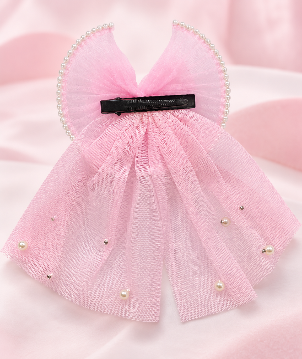 Pearl Tulle Drape Bow Clip