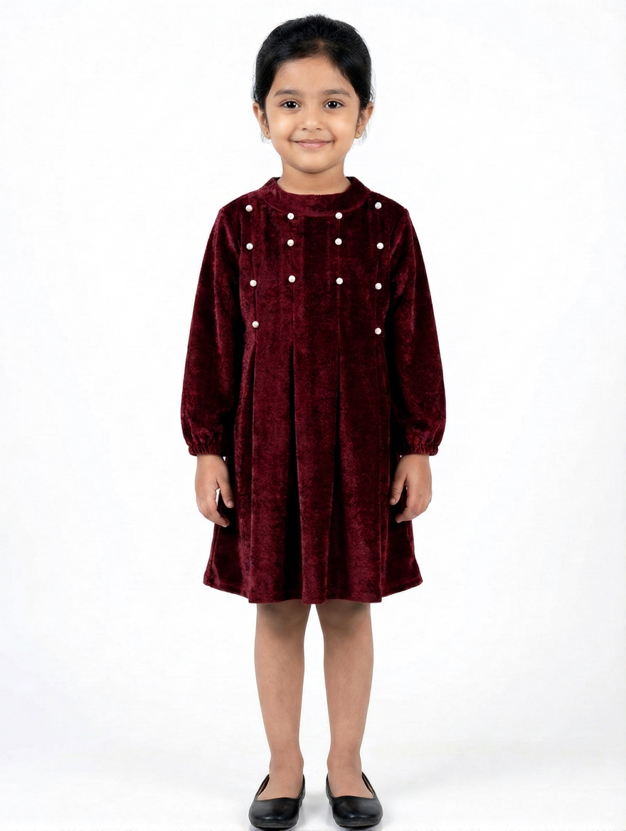 Maroon Velvet Pearl Detail Dress