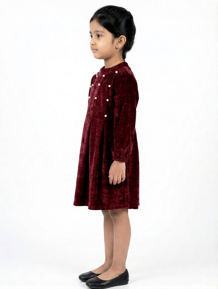 Maroon Velvet Pearl Detail Dress