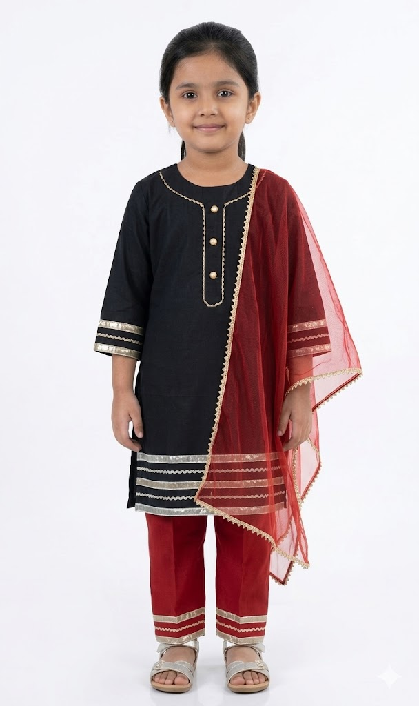 Little Royale Black & Maroon Kids' Salwar Suit Set