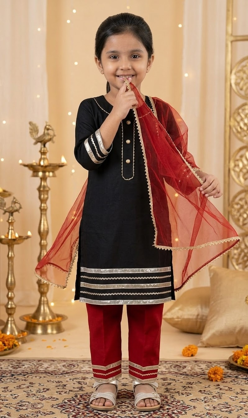 Little Royale Black & Maroon Kids' Salwar Suit Set