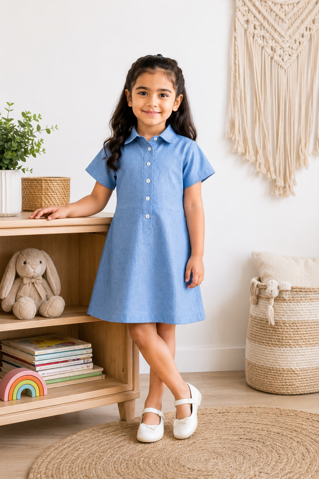 Sky Blue Cotton Linen Shirt Dress