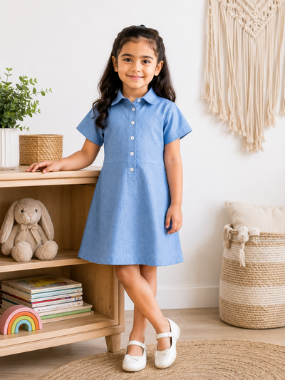Sky Blue Cotton Linen Shirt Dress