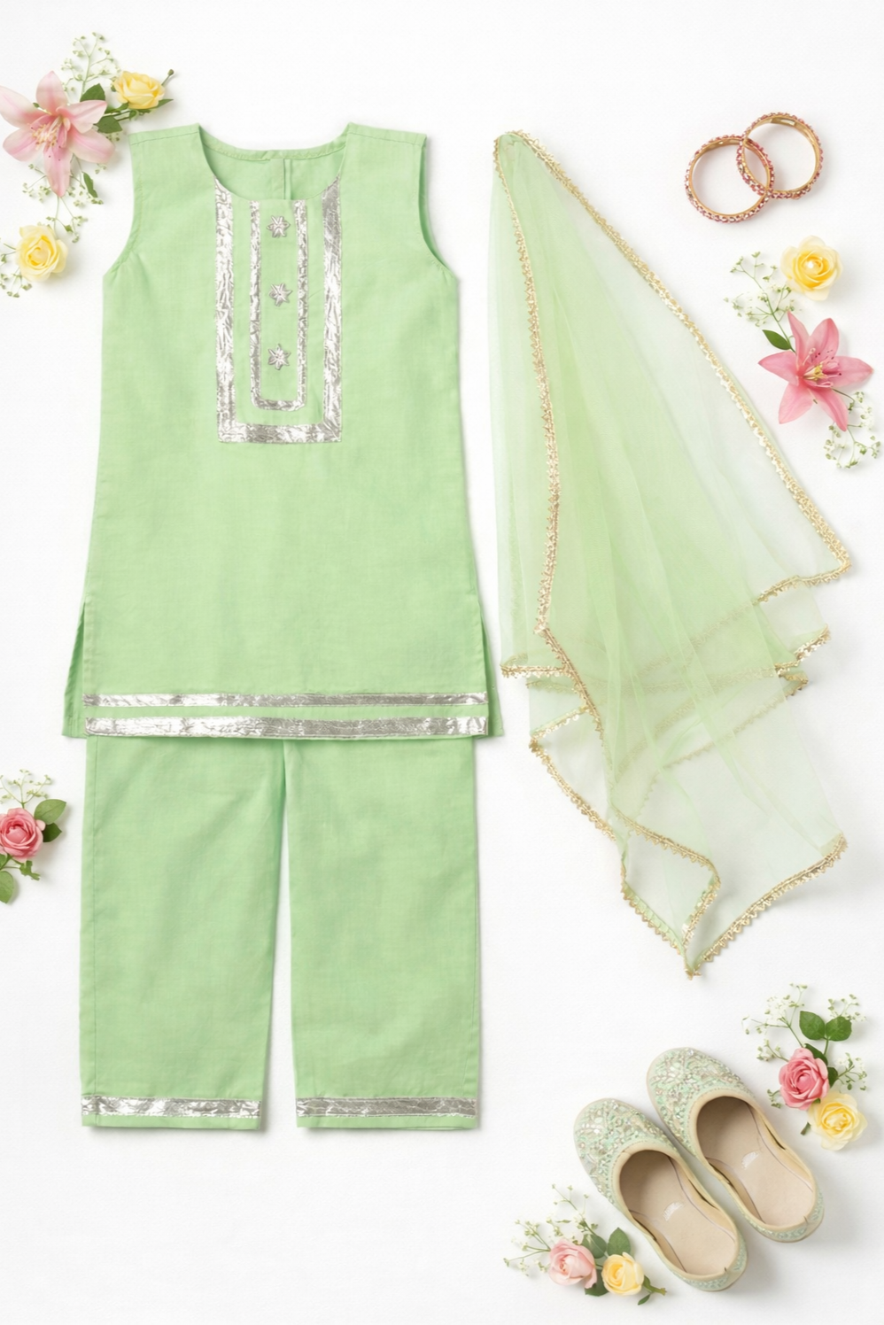 Silver Meadow Mint Green Kids' Salwar Suit Set