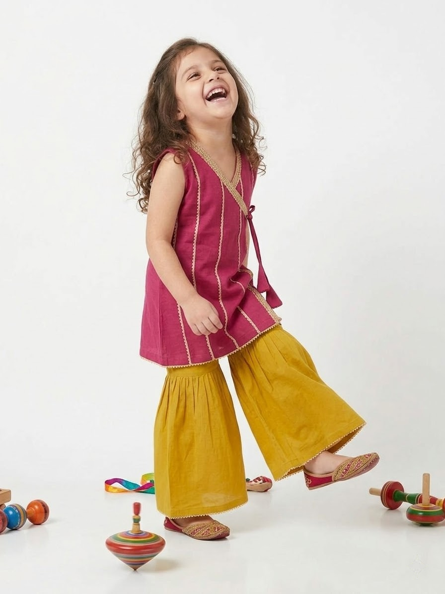 Sunshine Wrap Pink & Yellow Kids' Angrakha Sharara Set