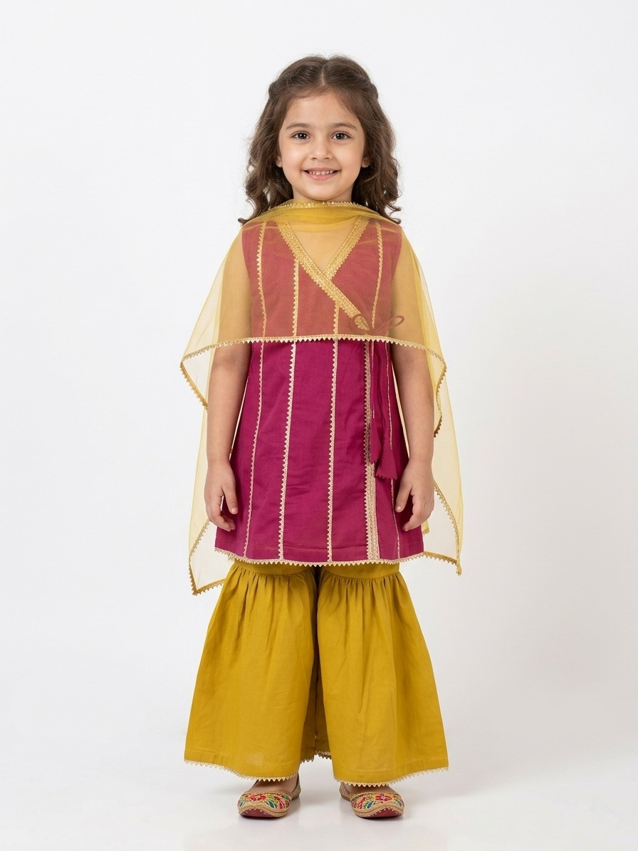 Sunshine Wrap Pink & Yellow Kids' Angrakha Sharara Set