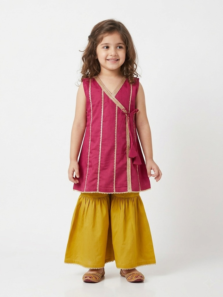 Sunshine Wrap Pink & Yellow Kids' Angrakha Sharara Set