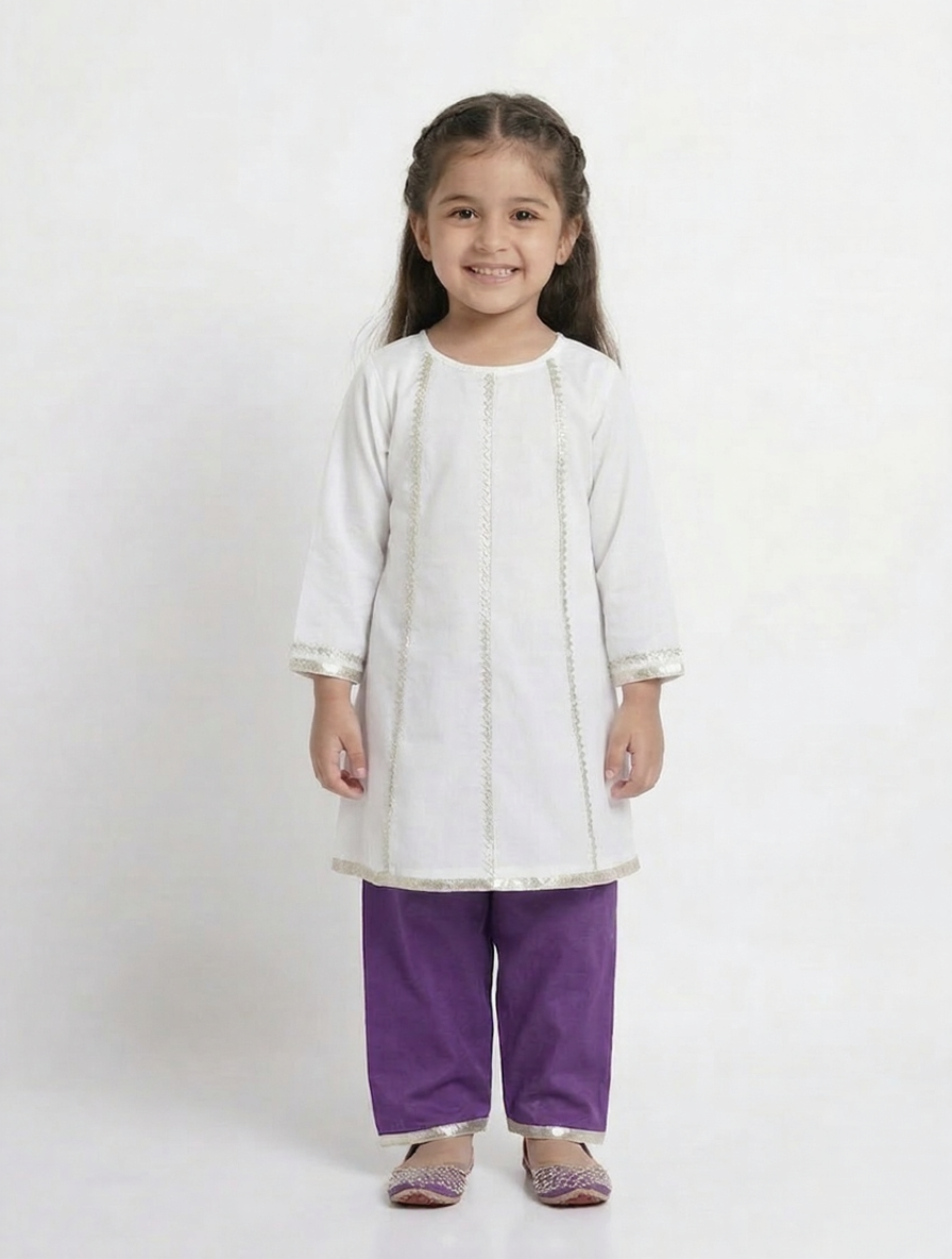 Silver Lines Cream & Purple Kids' Kurta Set