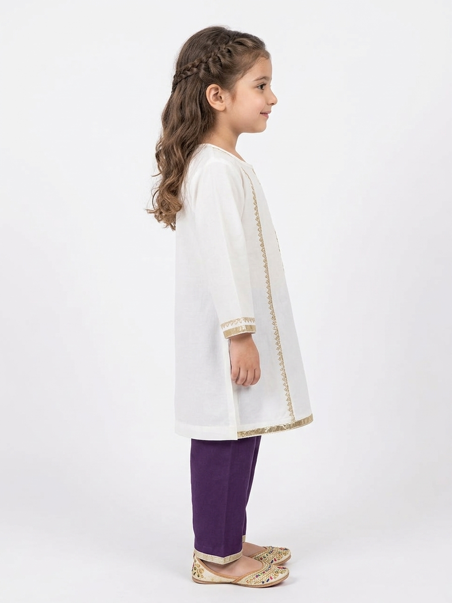 Silver Lines Cream & Purple Kids' Kurta Set