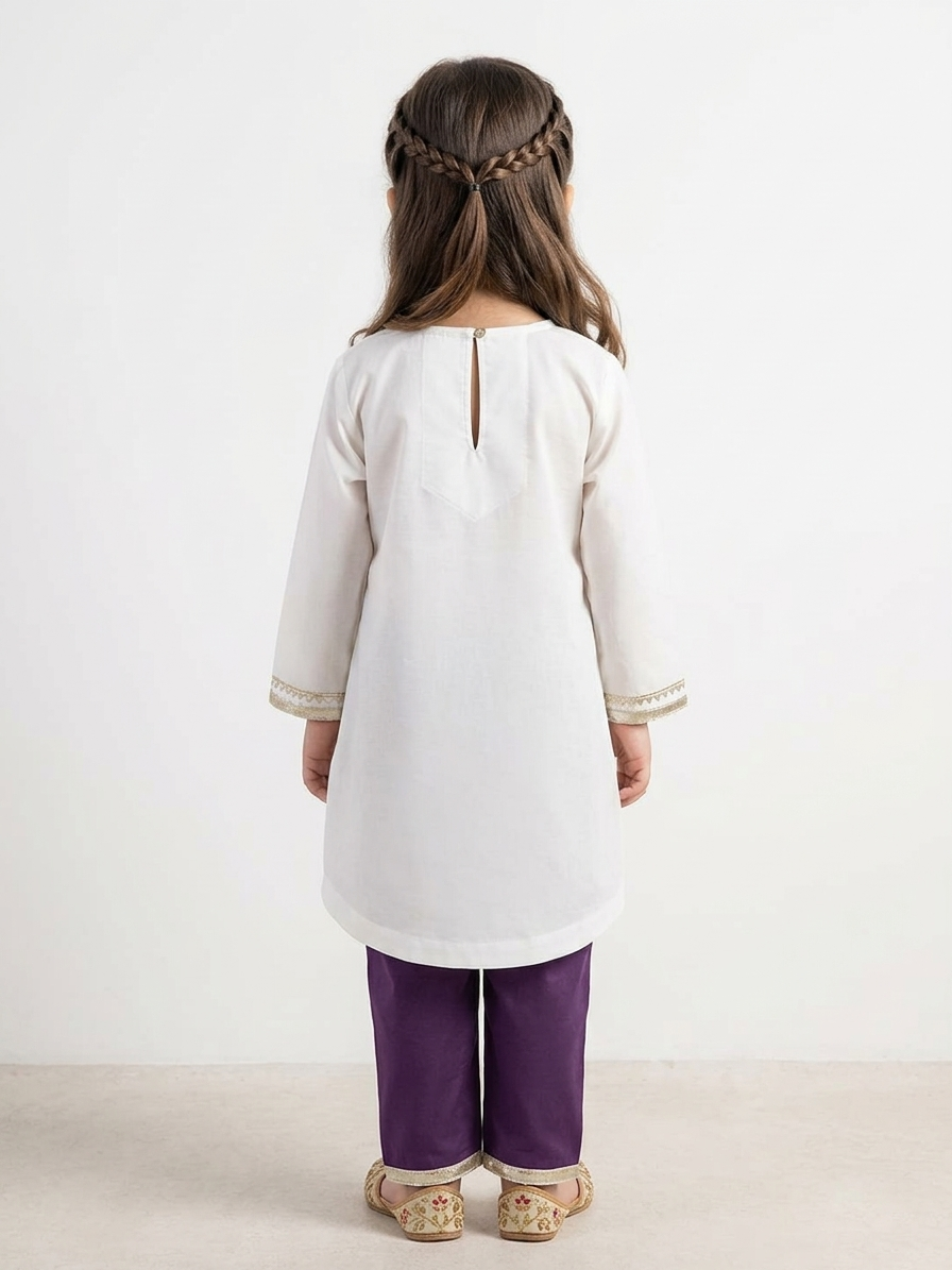 Silver Lines Cream & Purple Kids' Kurta Set