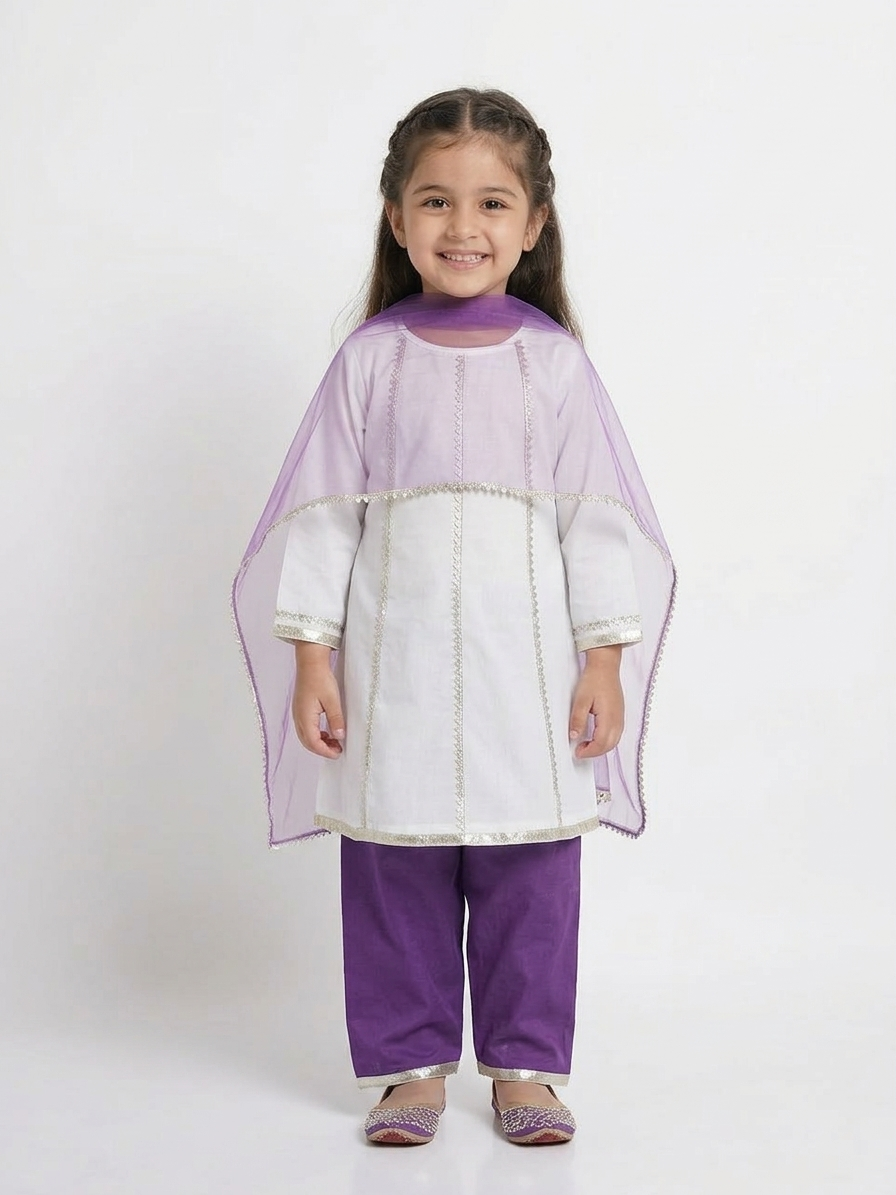 Silver Lines Cream & Purple Kids' Kurta Set